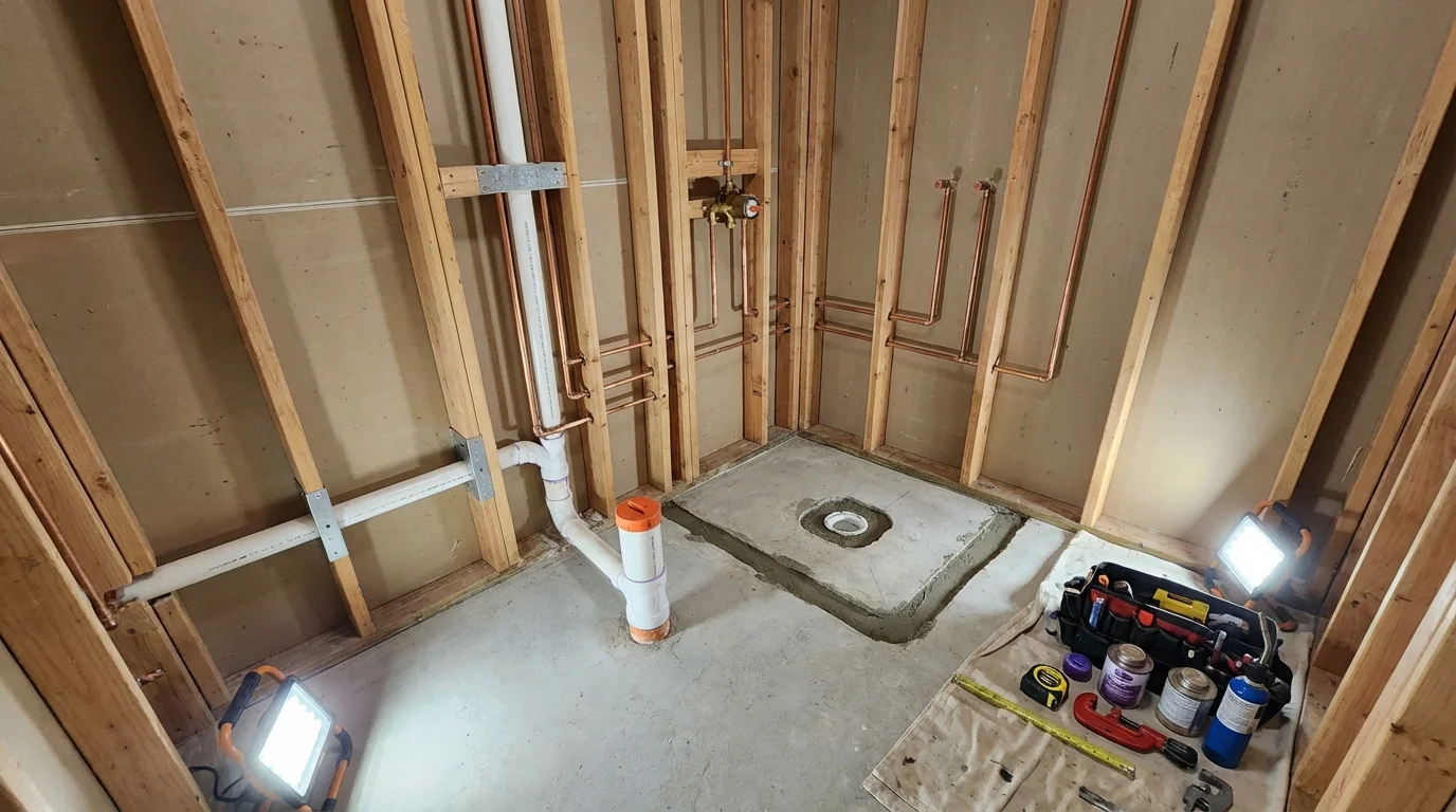Bathroom rough-in plumbing during remodel by Johns Plumbing LLC in Henry