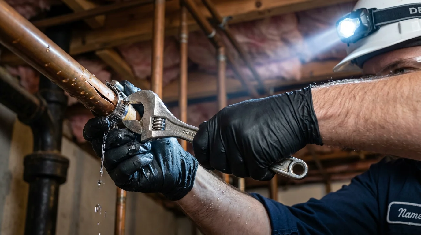 Emergency pipe clamp repair being performed by a Johns Plumbing LLC plumber in Henry