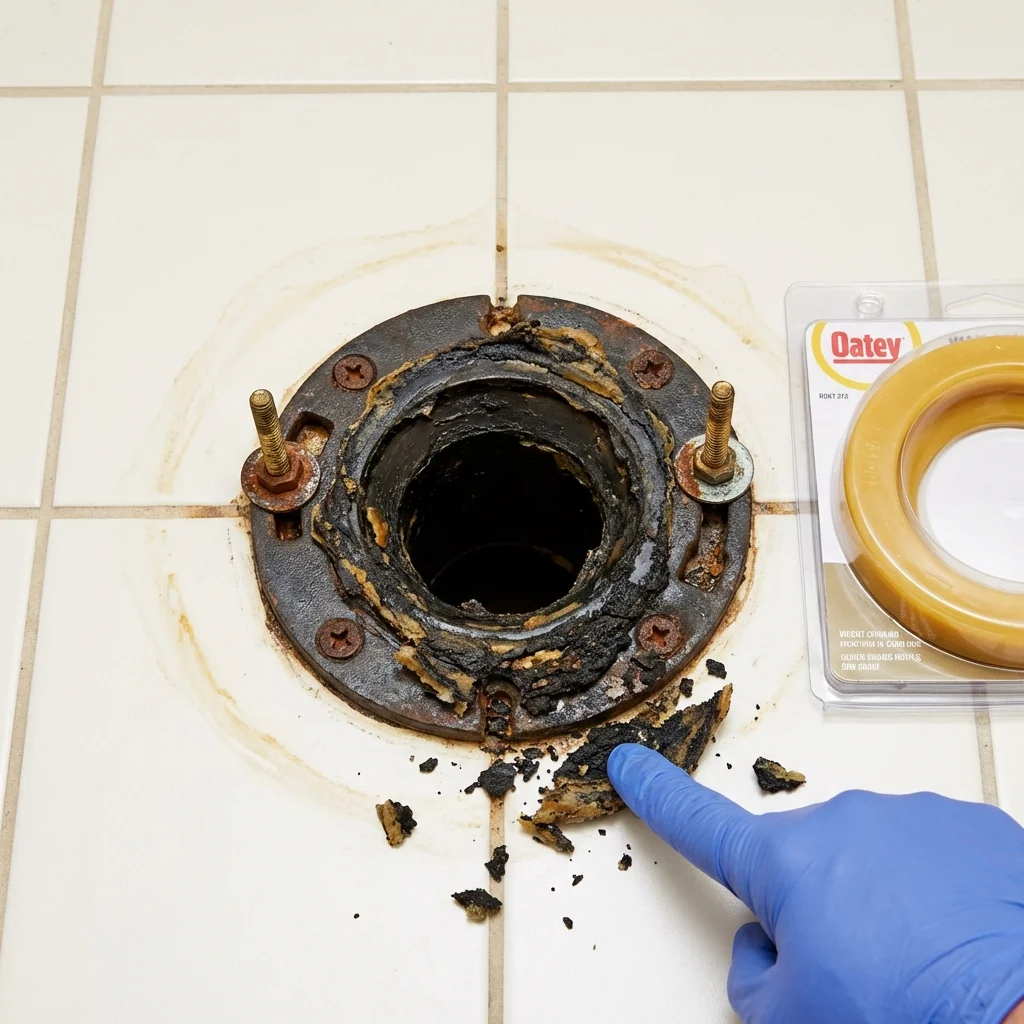Failed wax ring showing water seepage at the base of a toilet in a Henry, IL home