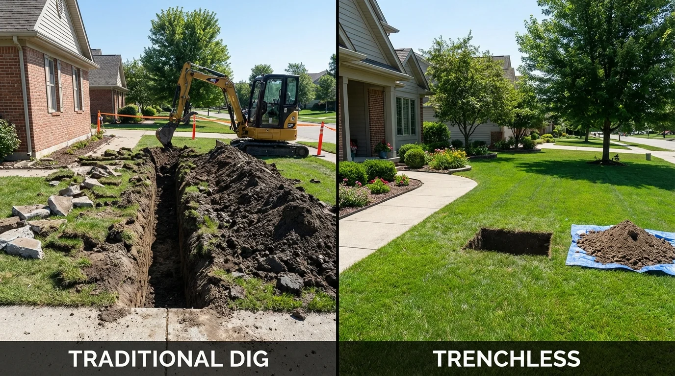 Trenchless sewer repair with minimal yard damage versus traditional excavation in Henry, IL