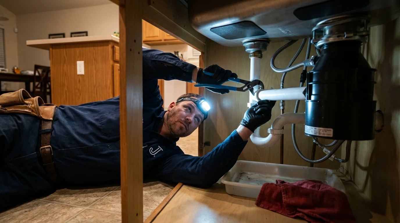 P-trap and supply line connections under a kitchen sink showing a common leak point in Henry, IL